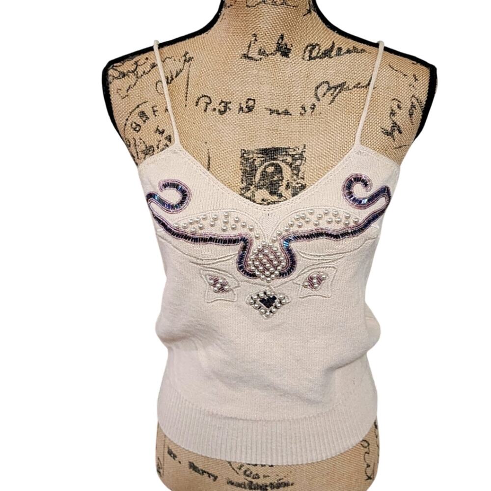 Marc D'Alcy Cream Wool Silk Blend Beaded Pearl Knit Camisole Top V-Neck Size Med